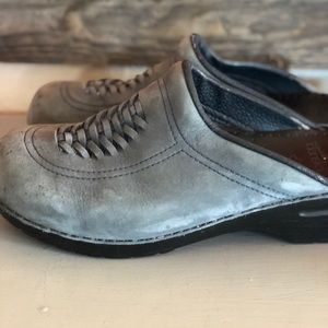 Blue suede dansko clogs